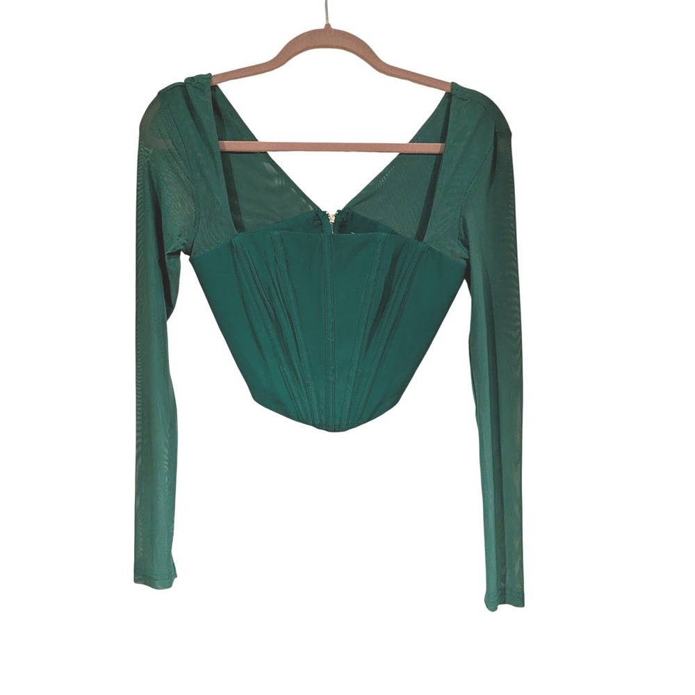 Alice Elle Emerald Green Mesh Long Sleeve Corset Top Size 6 Boned V-Neck Zipper